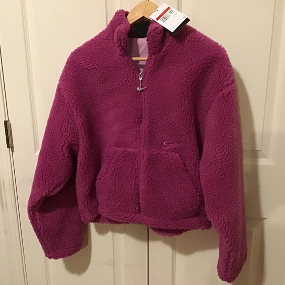 NWT Nike Women Sherpa Fleece Short Jacket Fuchsia Pink Size L - Picture 1 of 10